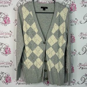 Banana Republic cardigan sparkly sequins embr Gray and Cream Argyle Cardigan